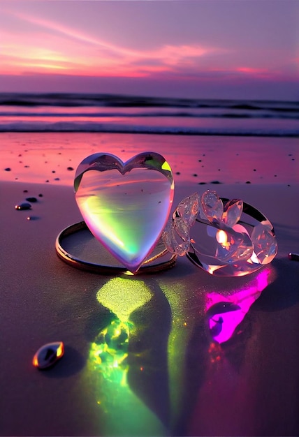 Heart shaped crystal sitting on top of a beach generative ai