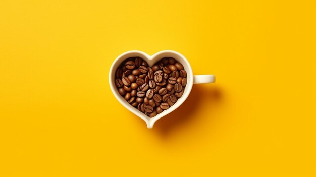 A heart shaped cup with coffee beans in it and a heart shaped shadow