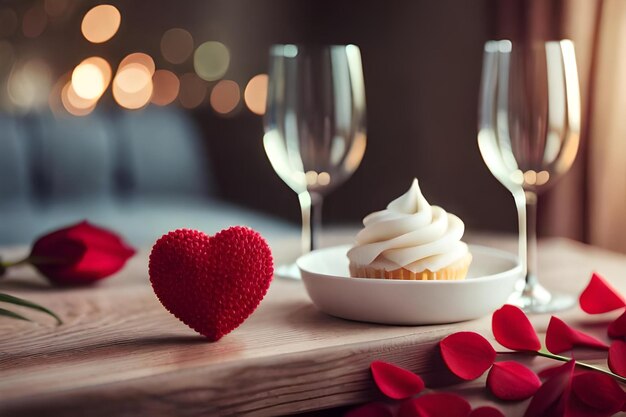 A heart shaped cupcake and a plate of hearts with a red heart on the table.