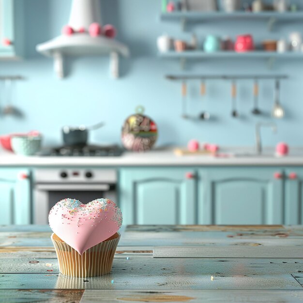 Foto un cupcake a forma di cuore si siede su un bancone della cucina