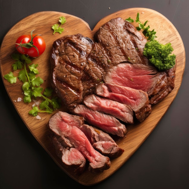 A heart shaped cutting board with meat and vegetables