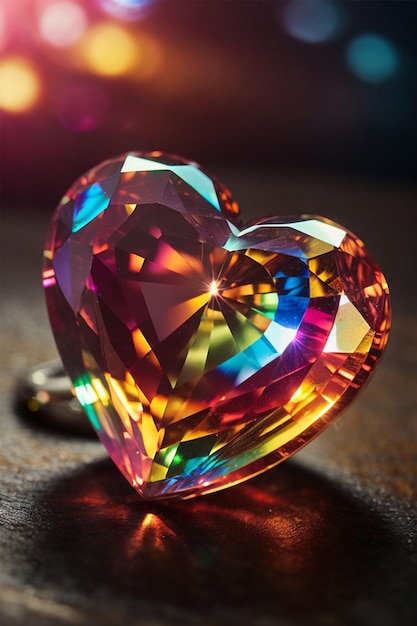 Foto diamante a forma di cuore su un tavolo di legno con sfondo bokeh