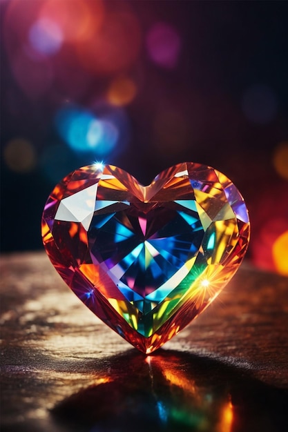 Foto diamante a forma di cuore su un tavolo di legno con sfondo bokeh