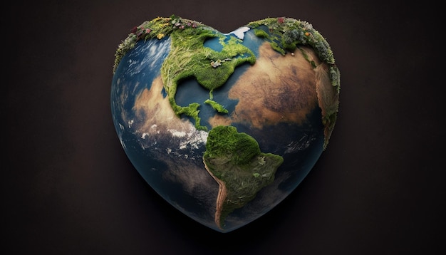 Heart shaped earth on dark gradient background Generative AI