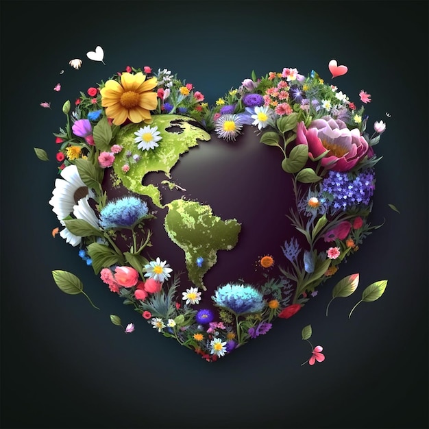 A heart shaped earth with flowers and earth in the middle