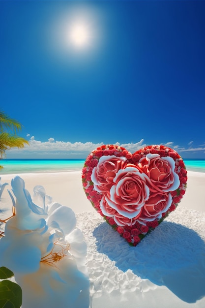 Heart shaped flower arrangement on a sandy beach Generative Ai