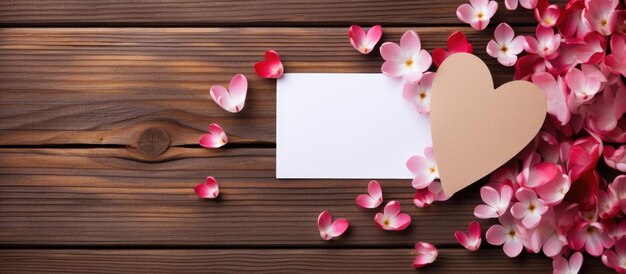 Heart shaped flowers and card on wooden backdrop