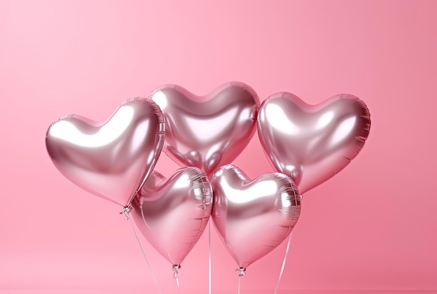 heart shaped foil balloons on pink background