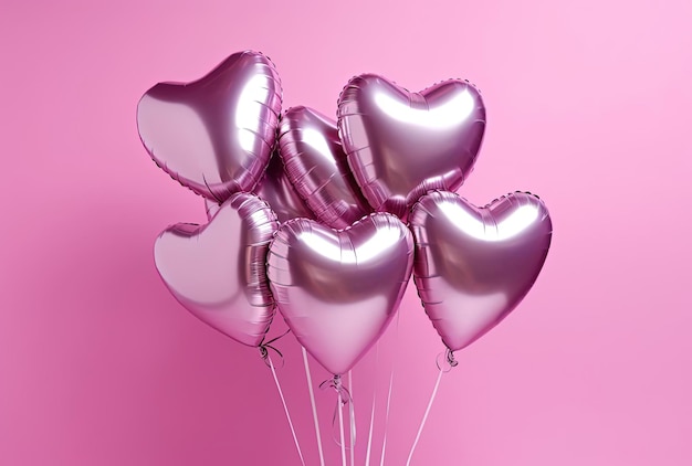 heart shaped foil balloons on pink background