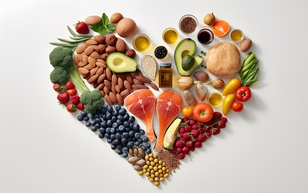A heart shaped food that is made up of vegetables, nuts, and other foods.