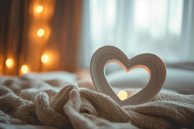 Photo a heart shaped frame sitting on top of a bed