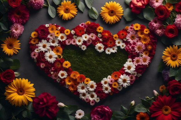 写真 ハートの形状のフレームで花と花で作られた心臓