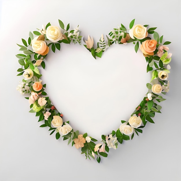 A heart shaped frame with flowers and leaves in the middle.