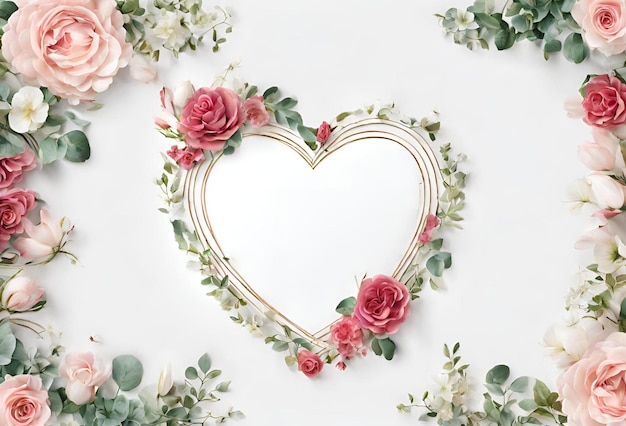 Heart shaped frame with roses and plants with space for text