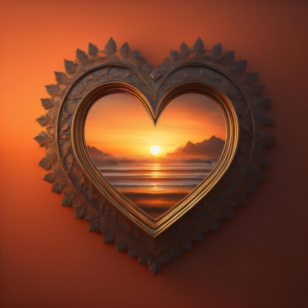 A heart shaped frame with the sunset on the wall