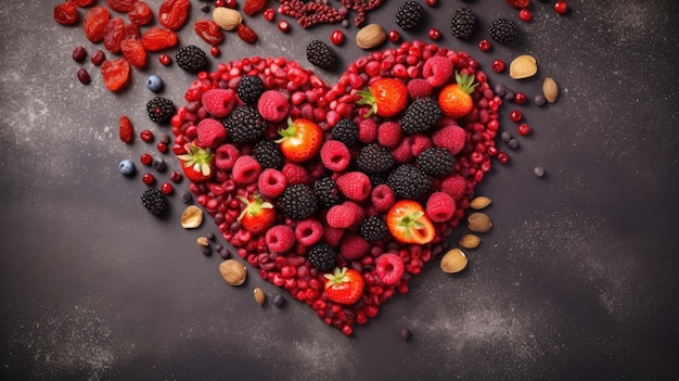 A heart shaped fruit and nuts background
