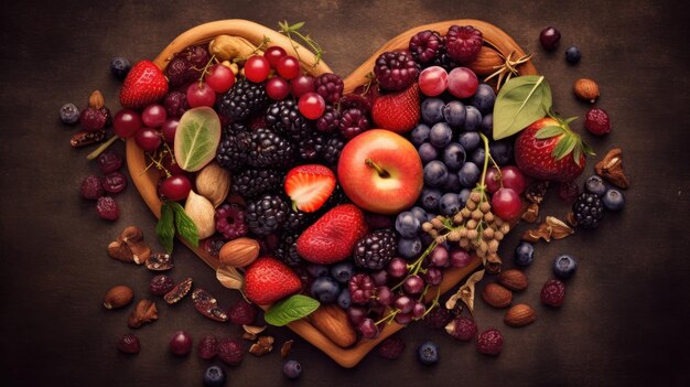 A heart - shaped fruit plate with fruits on it