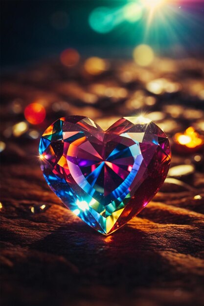 Heart shaped gemstone on a dark background with bokeh