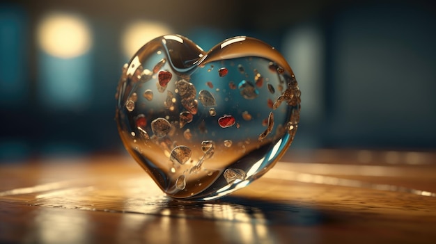 A heart shaped glass heart sits on a wooden table.