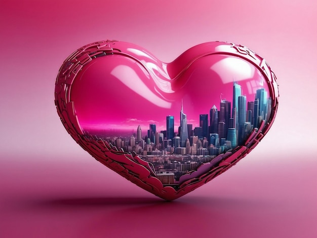 Photo a heart shaped glass with the city skyline in the background