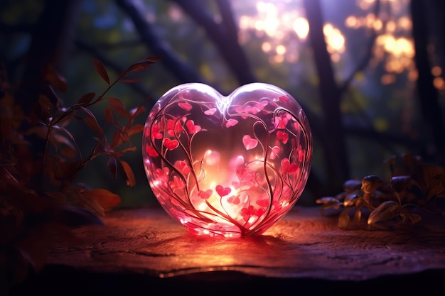 ハートの形をしたガラスは花の超現実主義のスタイルで赤いライトで柔らかい夢を描いています