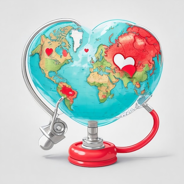 A heart shaped globe with a red heart and a red Stethoscope