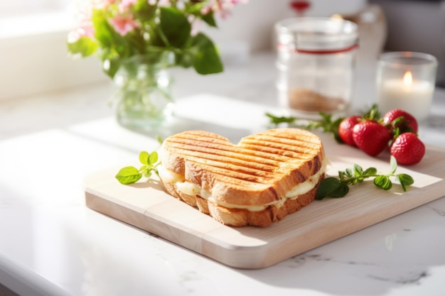 Heart shaped grilled sandwich in a kitchen with white marble countertops Generative AI illustration