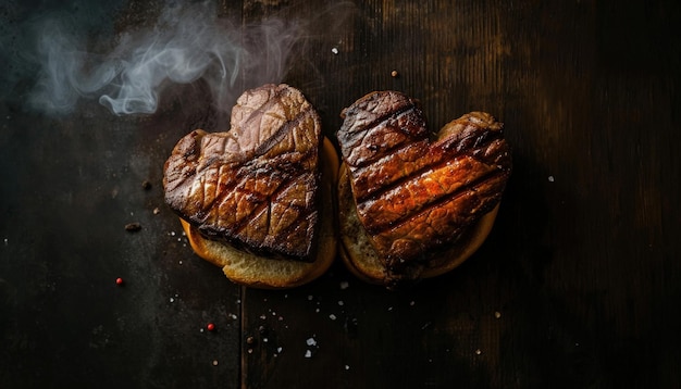 Photo heart shaped grilled steaks