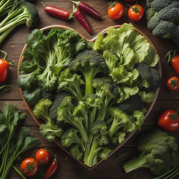 A heart shaped heart made of broccoli, broccoli, tomatoes, and celery.