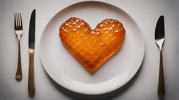 Heart shaped honey cake on a plate with fork and knife on white background