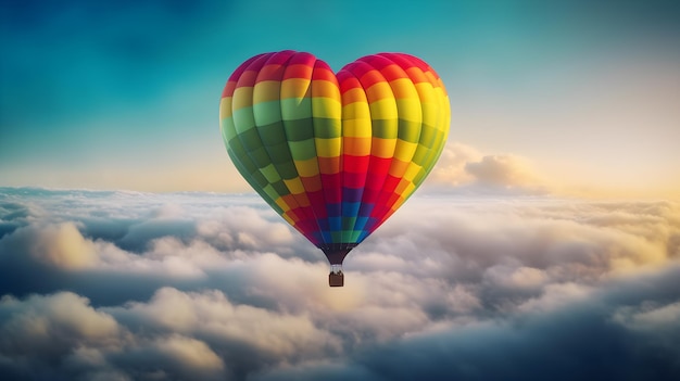 Heart shaped hot air balloon with rainbow colors generative ai