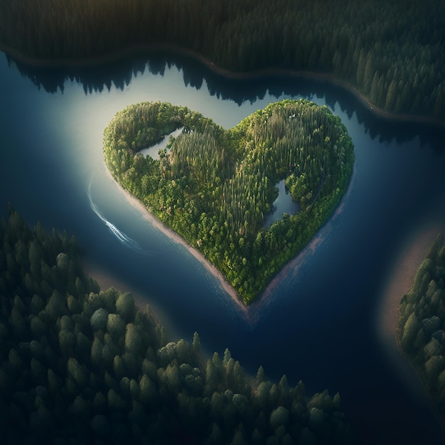 Photo heart shaped island in nordic forest.