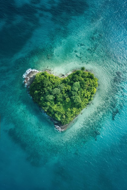 Heart shaped island surrounded by perfect turquoise water in sunlight