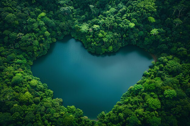 A heart shaped lake in the middle of a forest