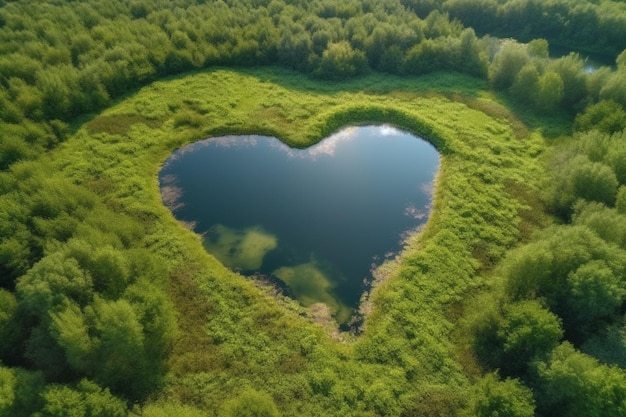 Heart shaped lake in the middle of a forest