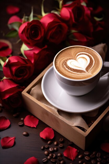 Photo heart shaped latte art in coffee cup with roses