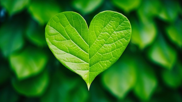 Heart shaped leaf on green leaves background Eco love concept