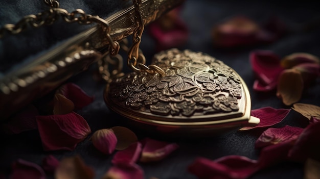 A heart shaped locket with a flower petals on the side