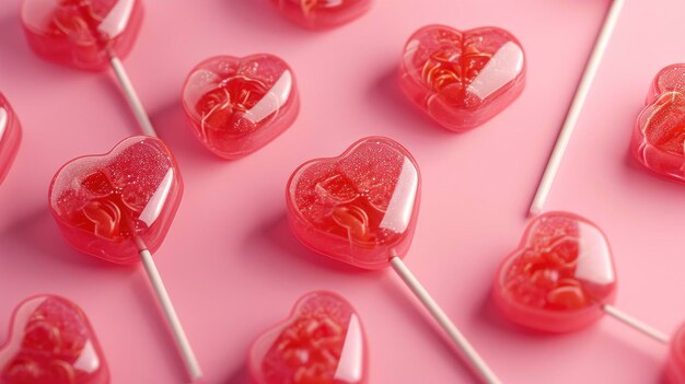 분홍색 배경 발렌타인 데이에 하트 모양의 막대사탕