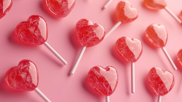 Heart shaped lollipops on a pink background valentines day