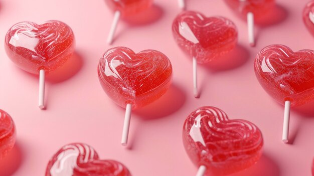 Heart shaped lollipops on a pink background valentines day