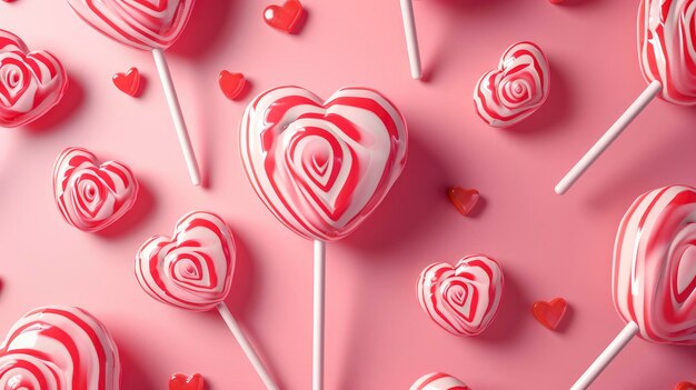 Heart shaped lollipops on a pink background valentines day