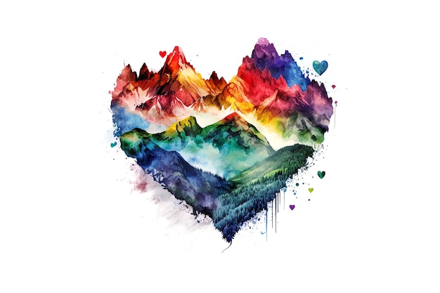 Heart shaped mountain landscape painted with watercolors isolated on white background AI generation