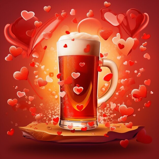 A heart shaped mug of beer with hearts and hearts on the top