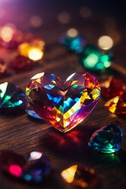 Heart shaped multicolored gems on wooden background valentines day