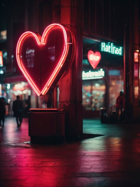 Heart shaped neon light in the city