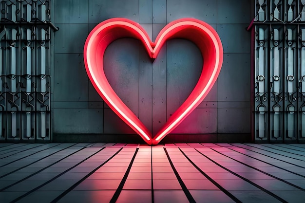 heart shaped neon light in a futuristic room wall