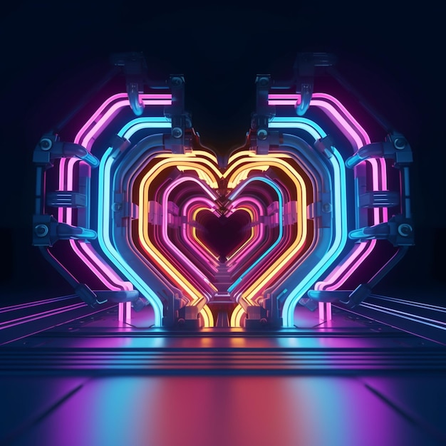 Скульптура из неонового света в форме сердца на темной поверхности, генерирующая искусственный интеллект