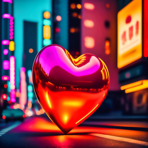 A heart shaped object is in the middle of a street with a neon sign in the background.