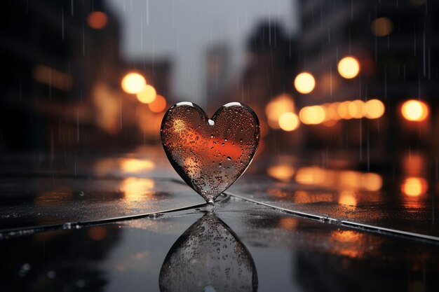 A heart shaped object is in the rain with a city in the backgrounda heart on wet glass with raindro